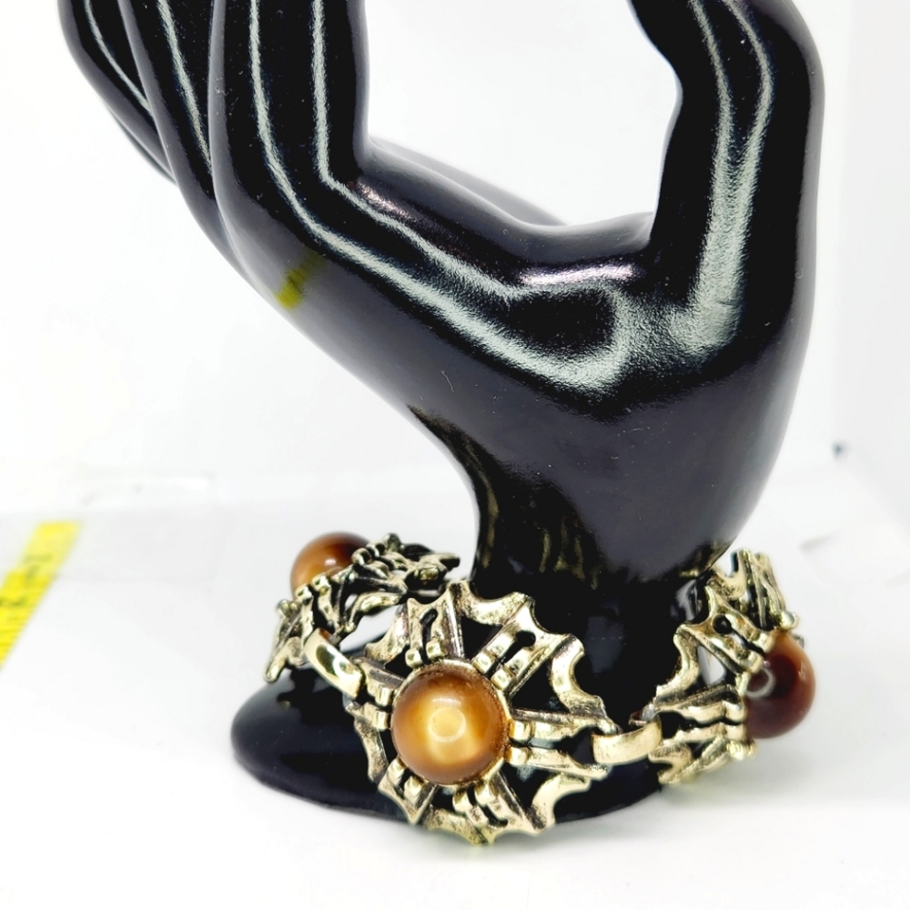 Vintage Chunky Gold Tone Faux Tiger Eye Cabachon Link Bracelet Spiderweb 7.5"